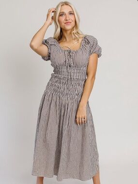 Brown Gingham Smocked Midi Dress